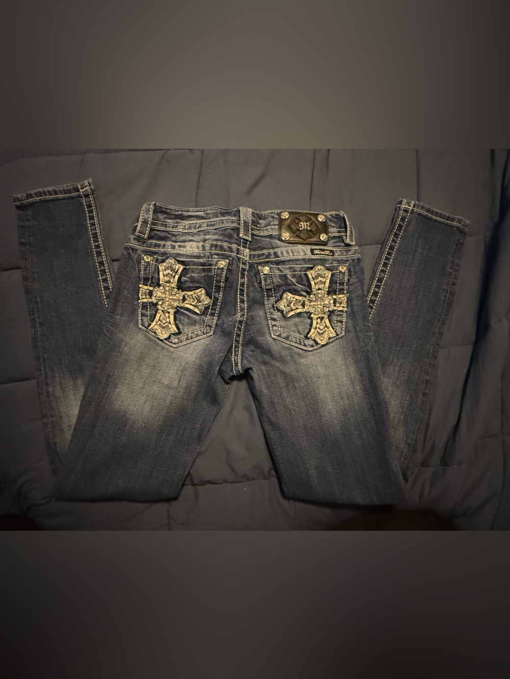 Miss Me Dark Wash Skinny Jeans with Embellished Cross Pockets